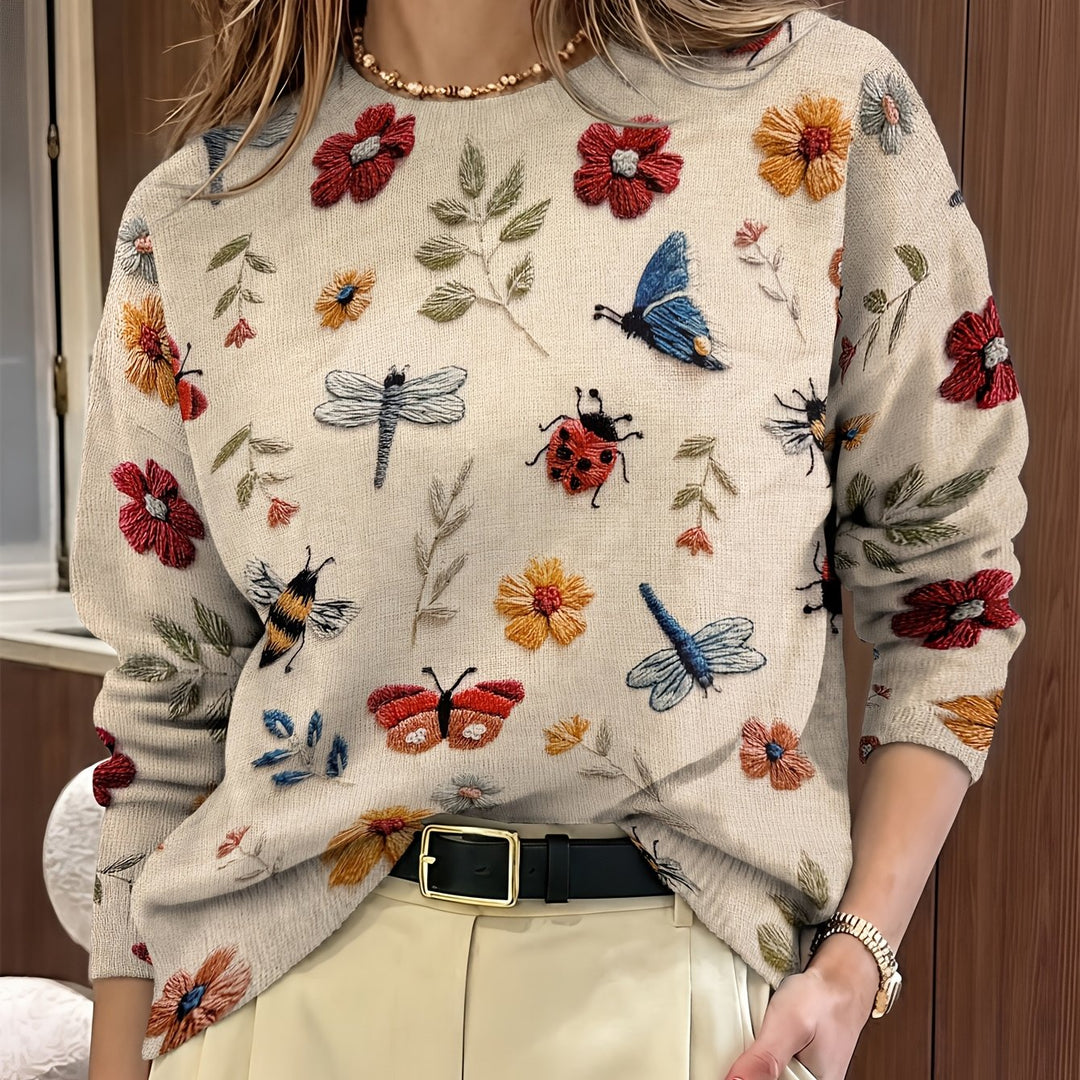 Maglione donna girocollo con stampa botanica albicocca