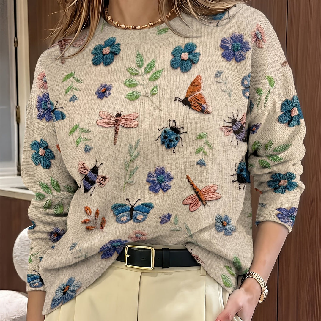 Maglione donna girocollo con stampa botanica blu