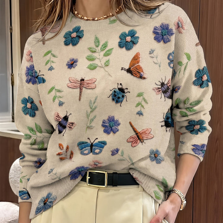 Maglione donna girocollo con stampa botanica blu