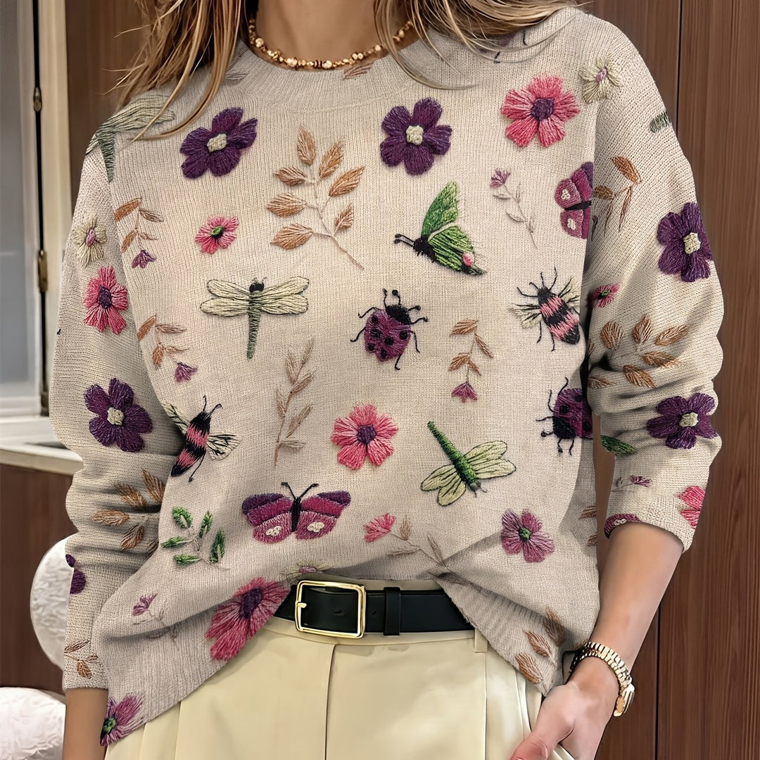 Maglione donna girocollo con stampa botanica viola