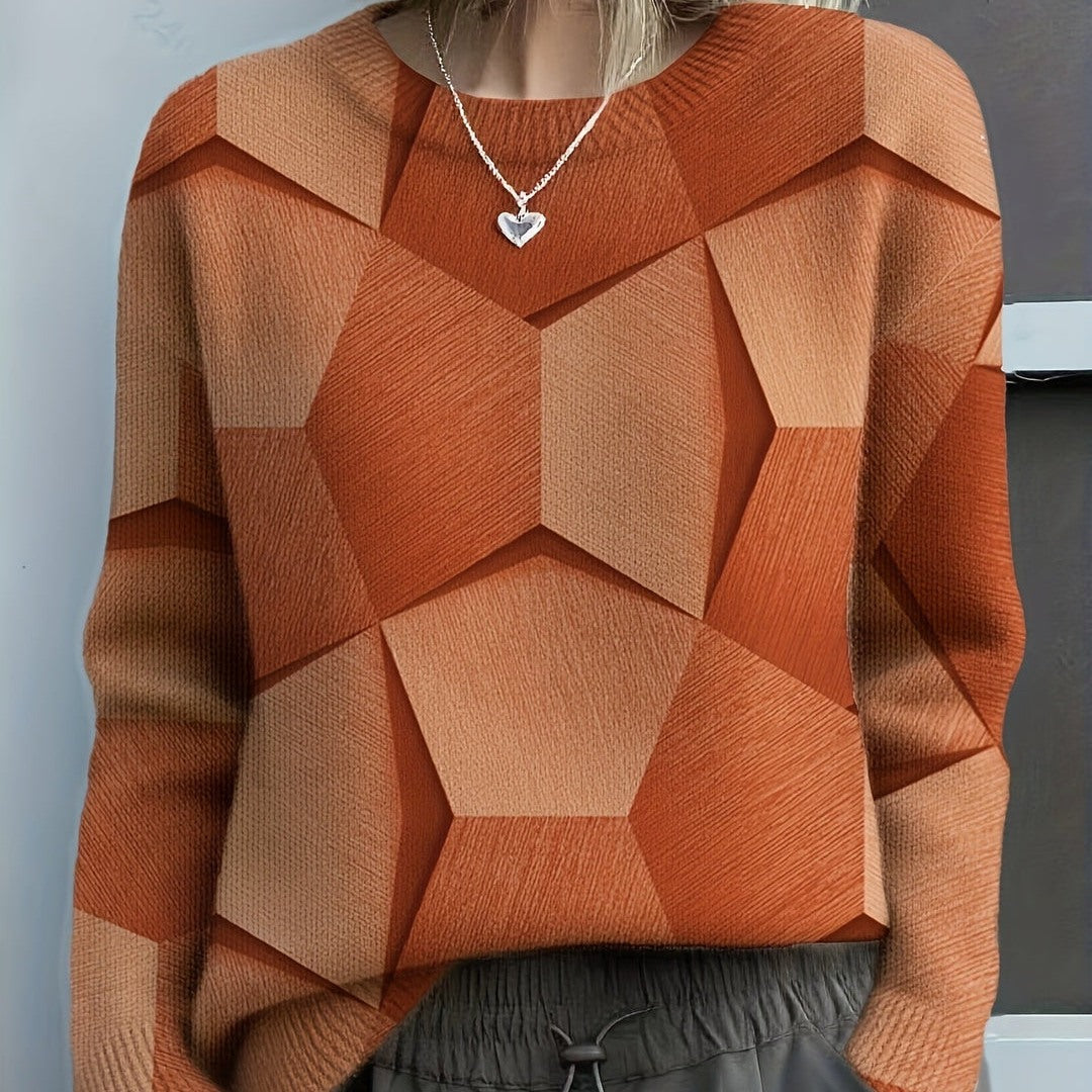 Maglione Donna Girocollo con Stampa Geometrica in arancione