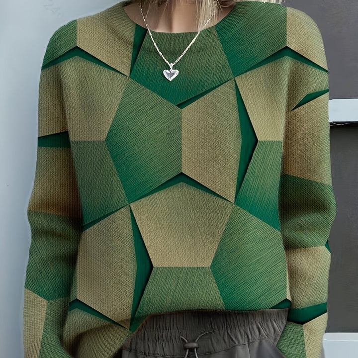 Maglione Donna Girocollo con Stampa Geometrica in verde