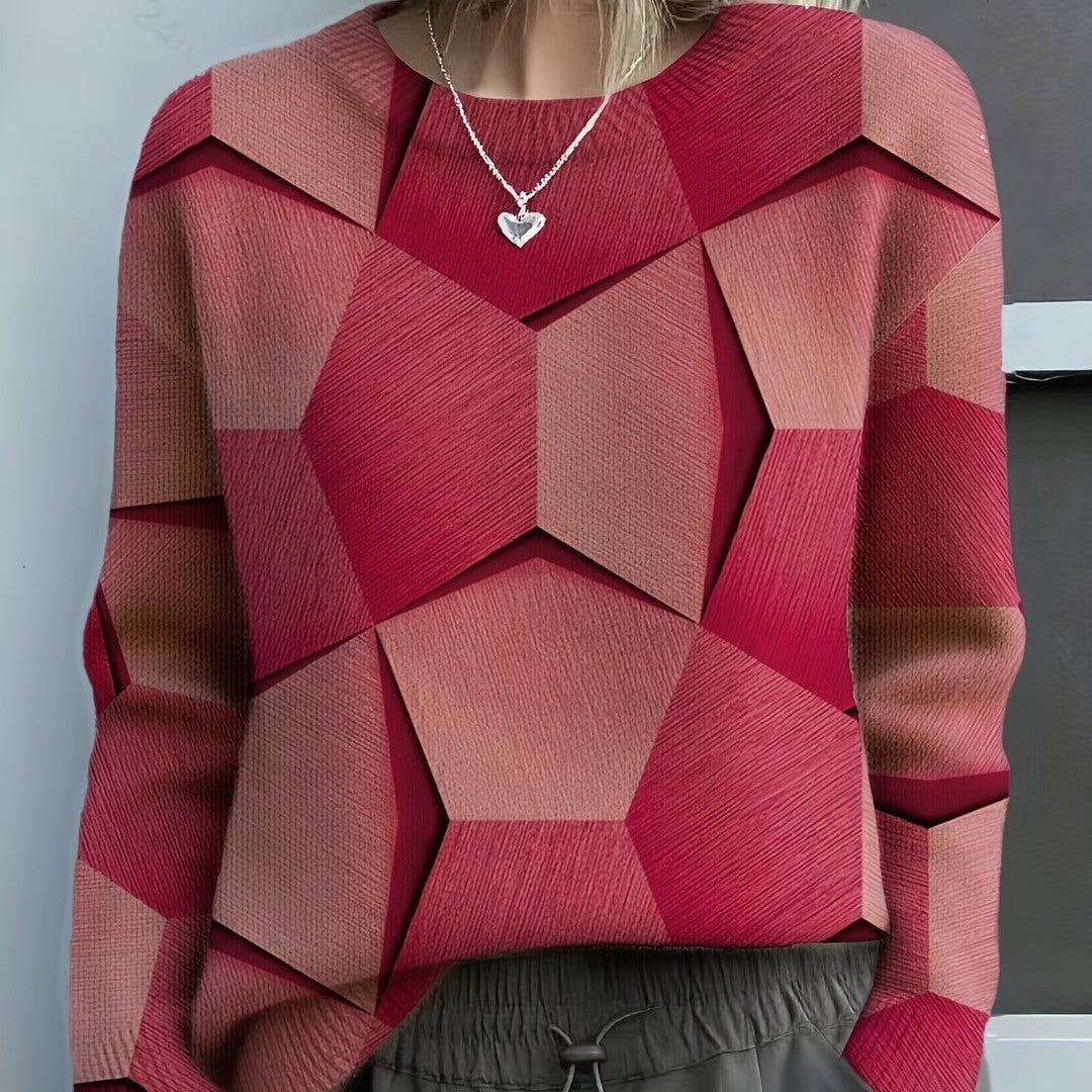 Maglione Donna Girocollo con Stampa Geometrica in rosso