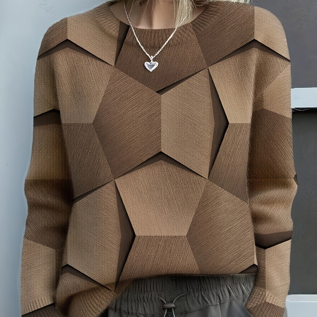 Maglione Donna Girocollo con Stampa Geometrica in marrone