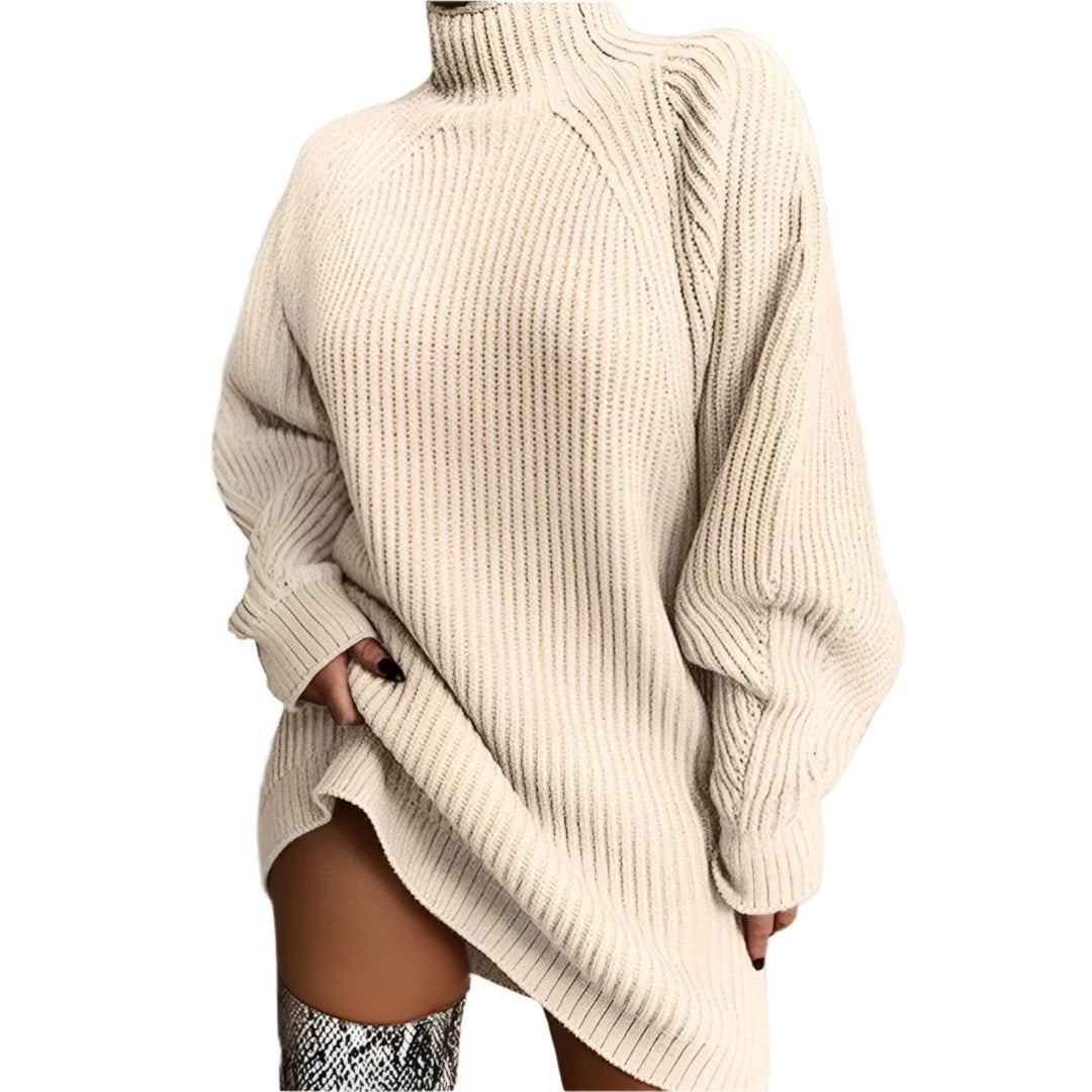 Maglione Donna Lungo a Coste con Collo Alto e Taglio Oversize in albicocca