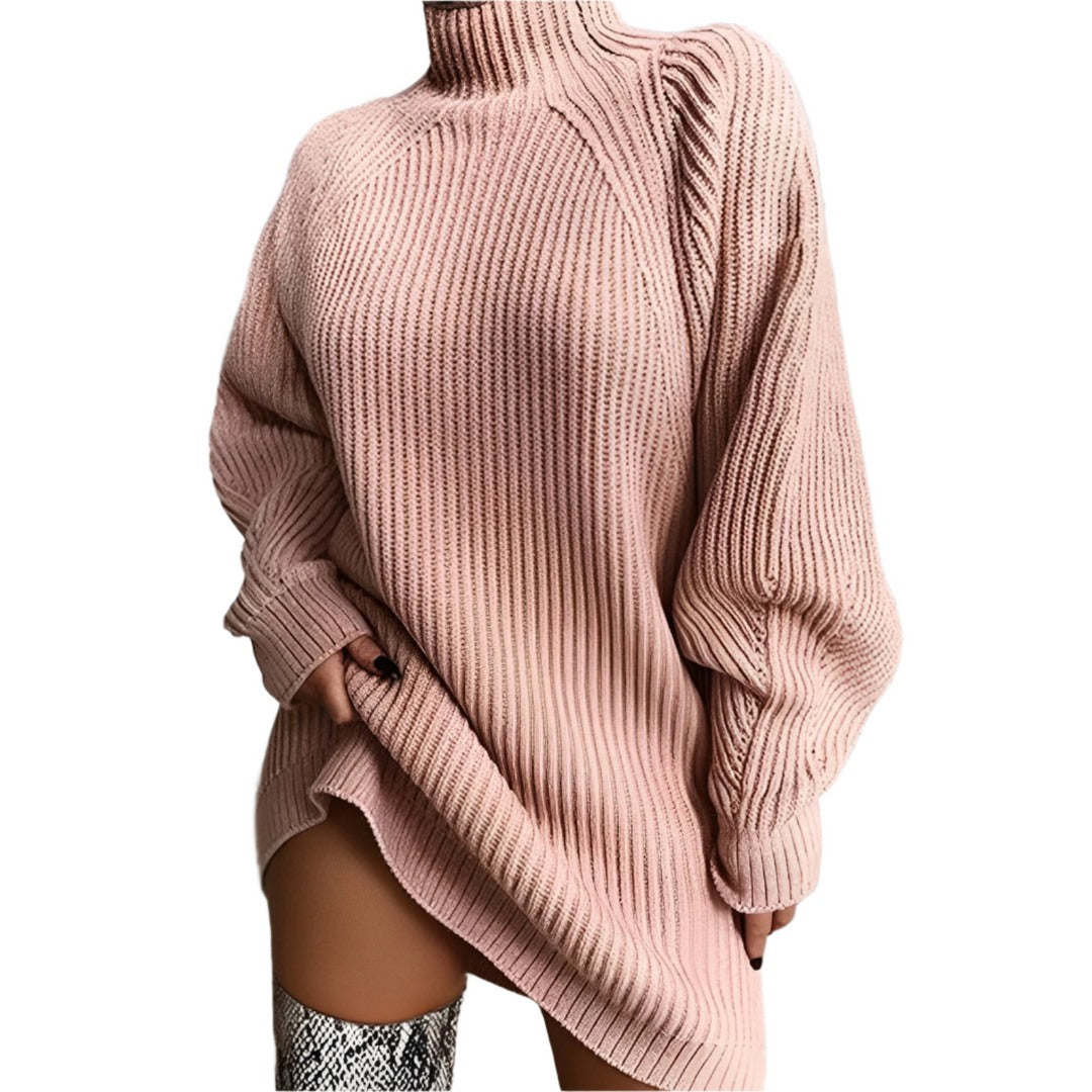 Maglione Donna Lungo a Coste con Collo Alto e Taglio Oversize in rosa