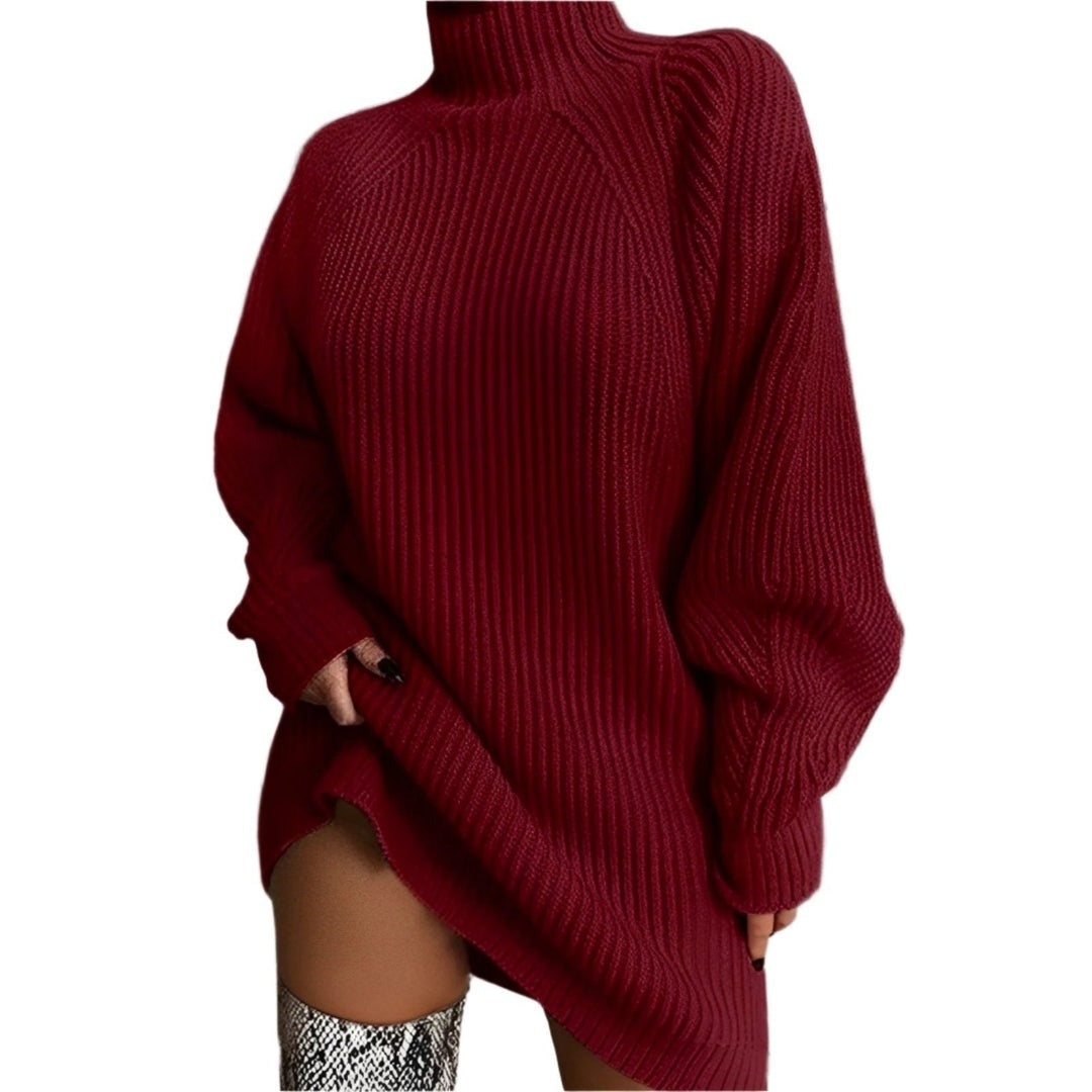 Maglione Donna Lungo a Coste con Collo Alto e Taglio Oversize in bordeaux