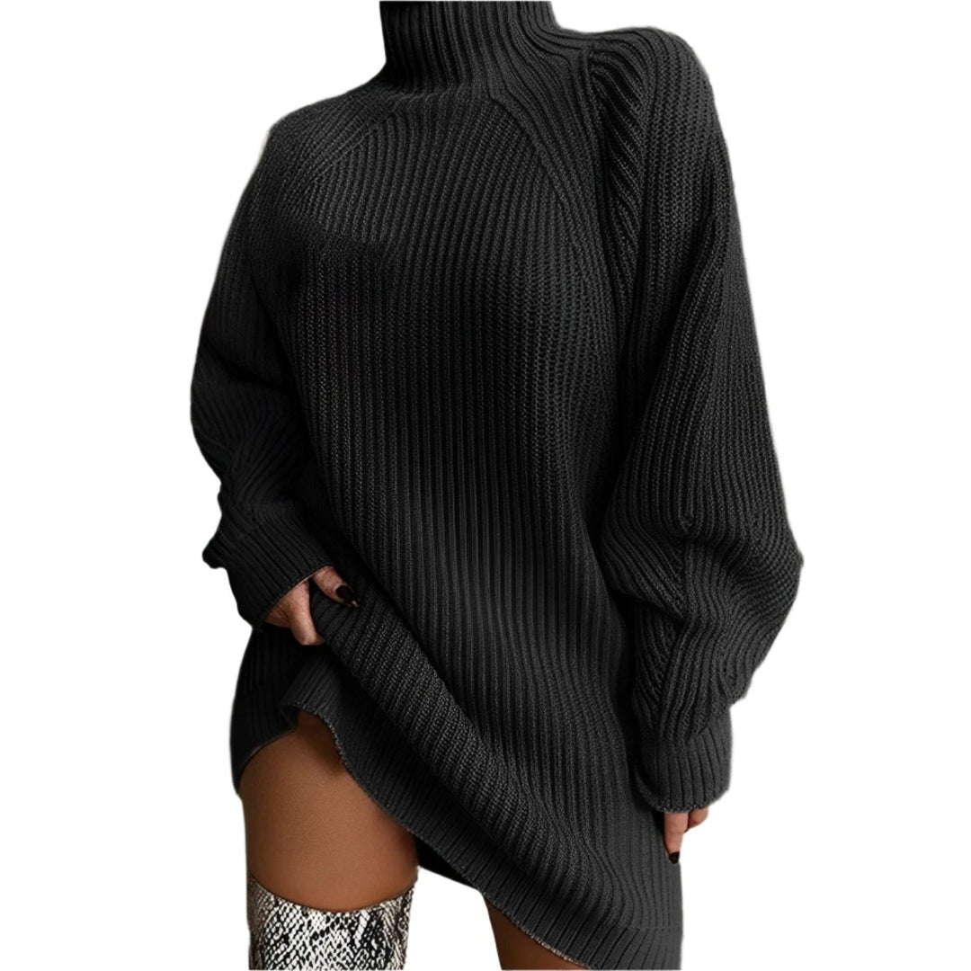 Maglione Donna Lungo a Coste con Collo Alto e Taglio Oversize in nero