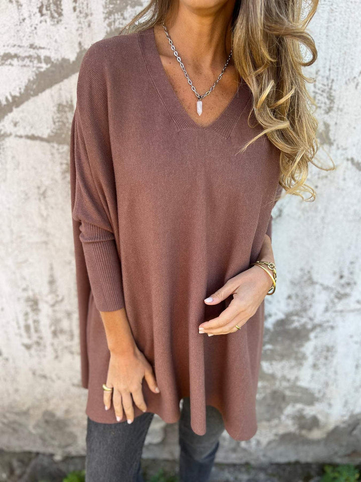 Maglione donna lungo con scollo a V marrone
