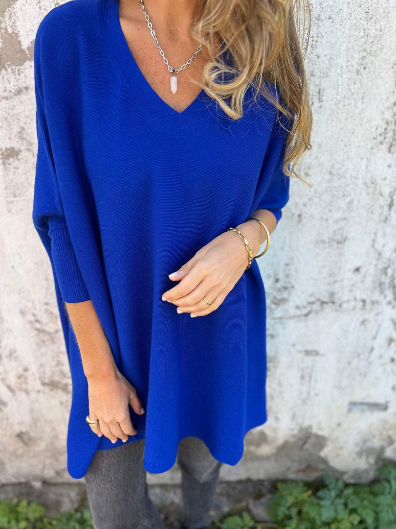 Maglione donna lungo con scollo a V blu navy