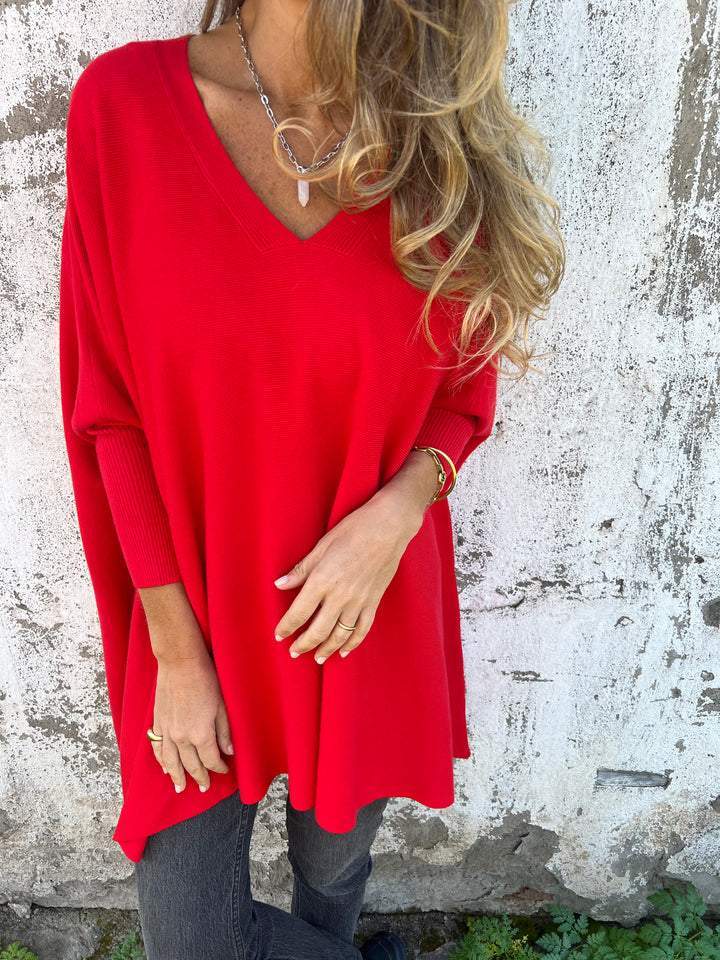 Maglione donna lungo con scollo a V rosso