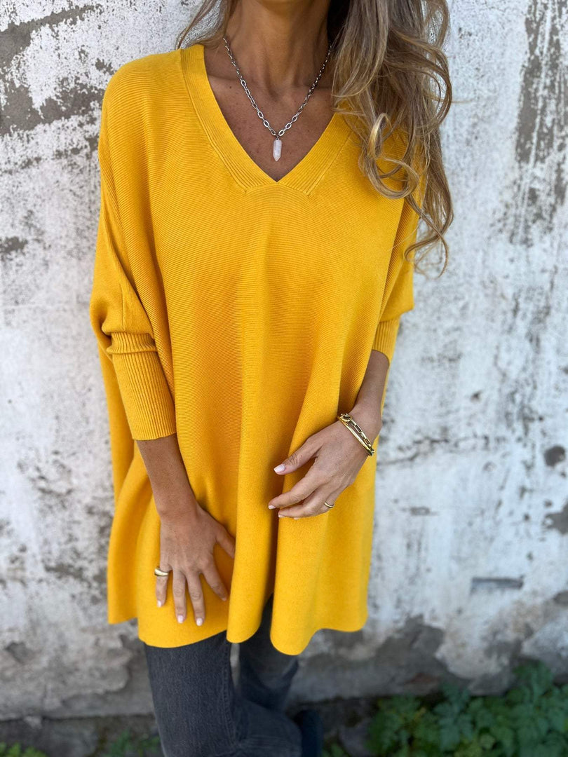 Maglione donna lungo con scollo a V giallo