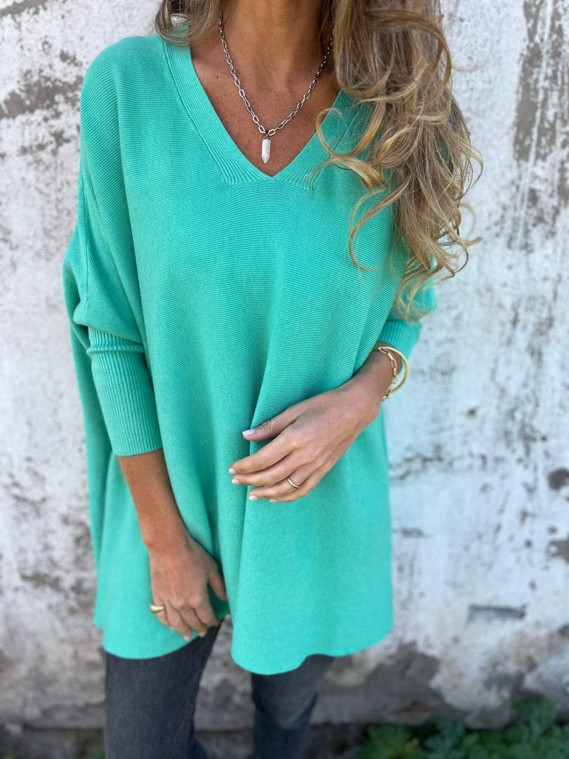 Maglione donna lungo con scollo a V turchese