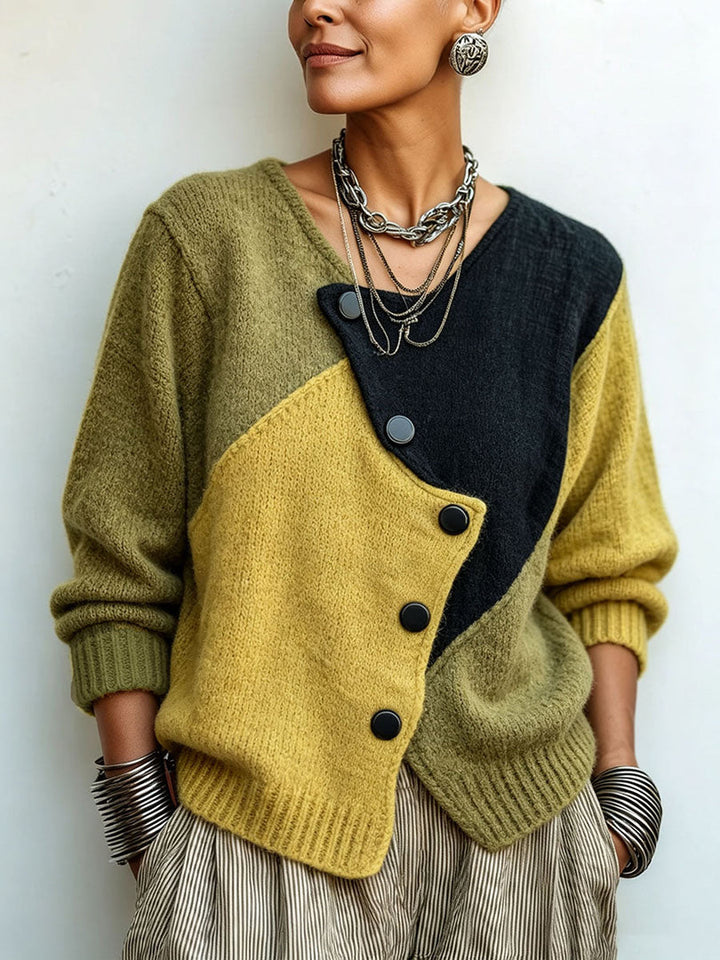 Maglione donna a blocchi di colore con bottoni asimmetrici giallo