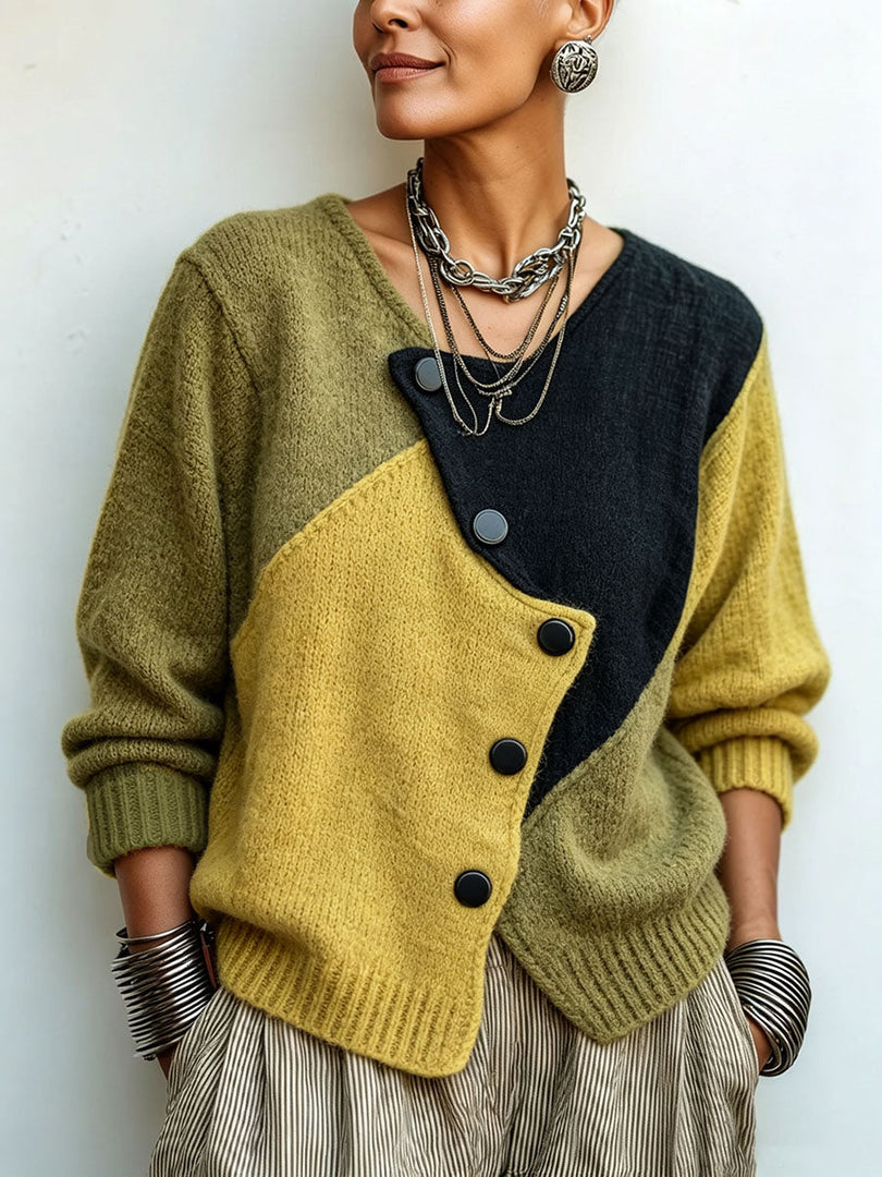 Damenpullover mit Colorblocking und asymmetrischen Knöpfen für den Herbst
