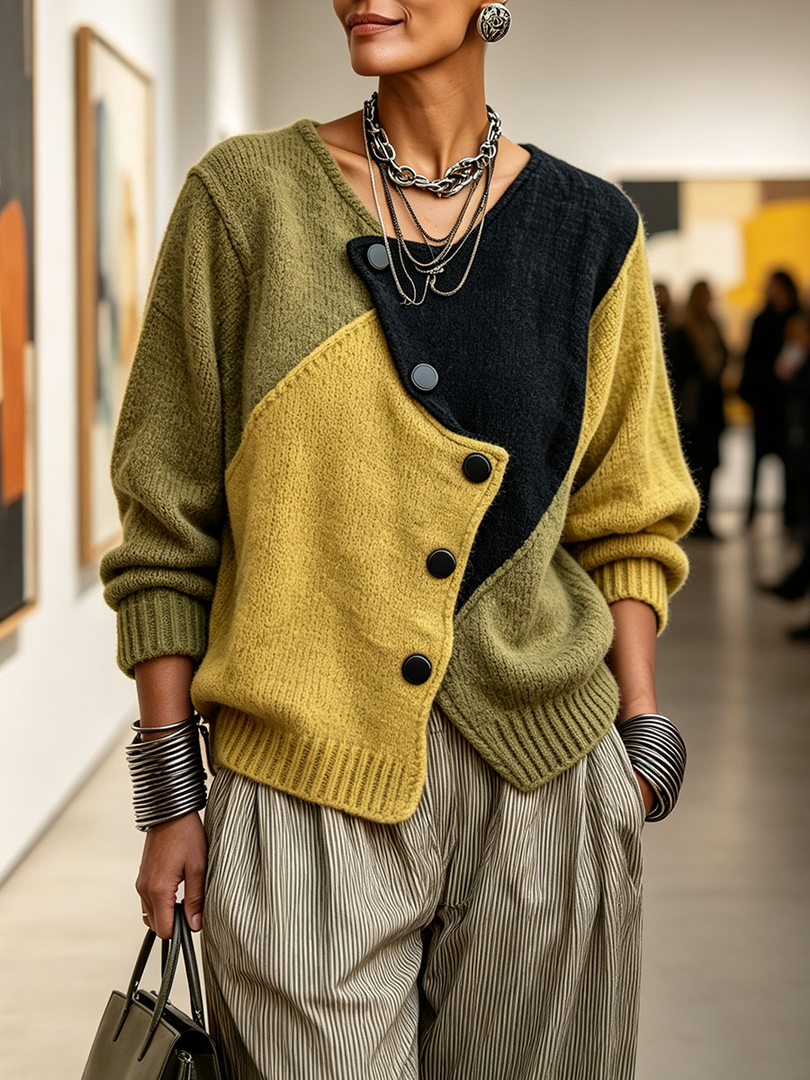 Maglione donna con bottoni asimmetrici – vista laterale