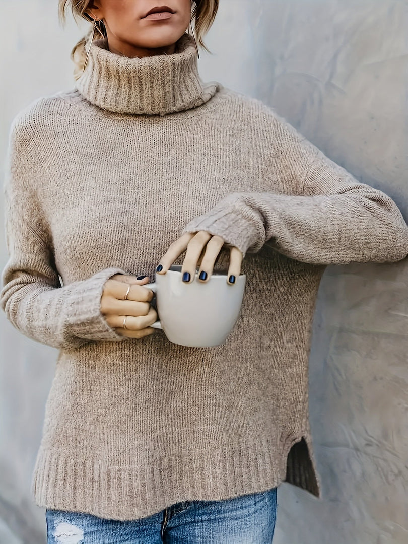 Maglione donna a collo alto ampio cachi