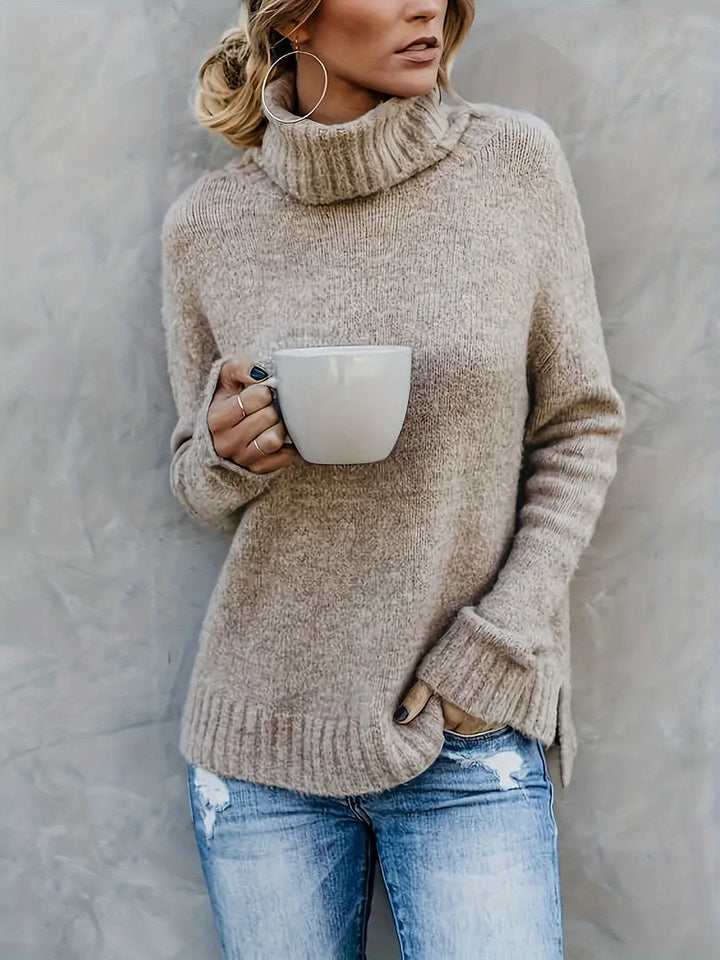 Maglione donna a collo alto cachi – vista laterale