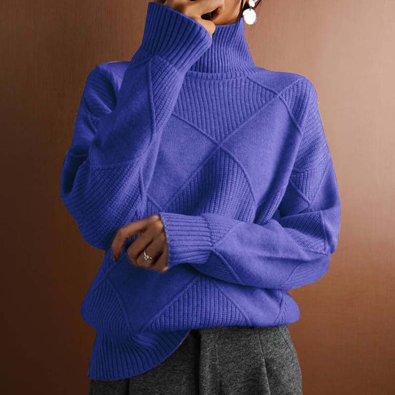 Maglione donna a collo alto a coste blu