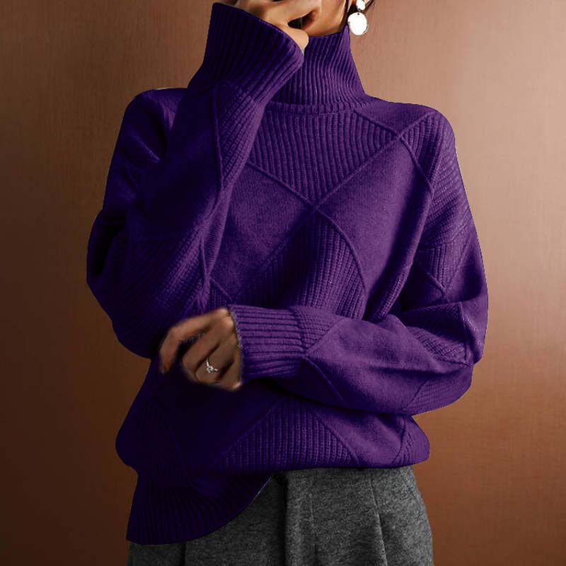 Maglione donna a collo alto a coste viola scuro