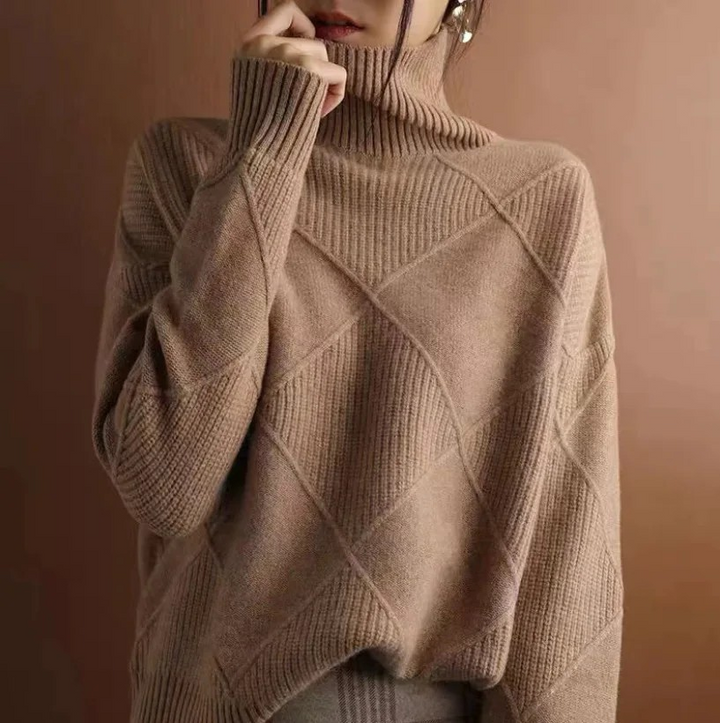 Maglione donna a collo alto a coste marrone