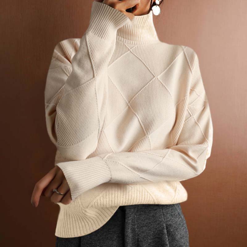 Maglione donna a collo alto a coste beige