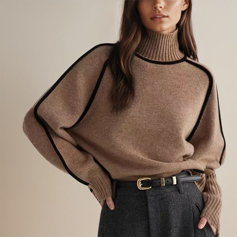 Maglione Donna a Collo Alto con Maniche Ampie e Bordi a Contrasto in marrone