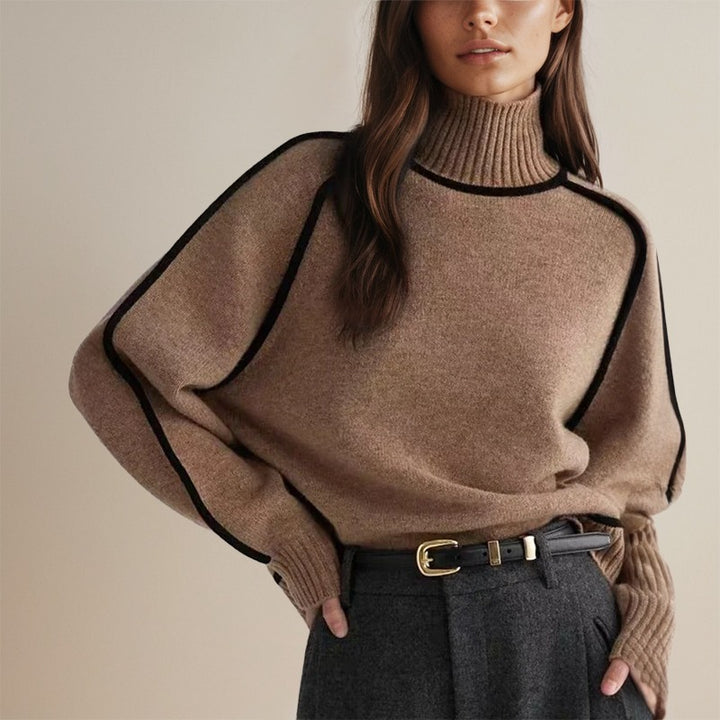 Maglione Donna a Collo Alto con Maniche Ampie e Bordi a Contrasto in marrone