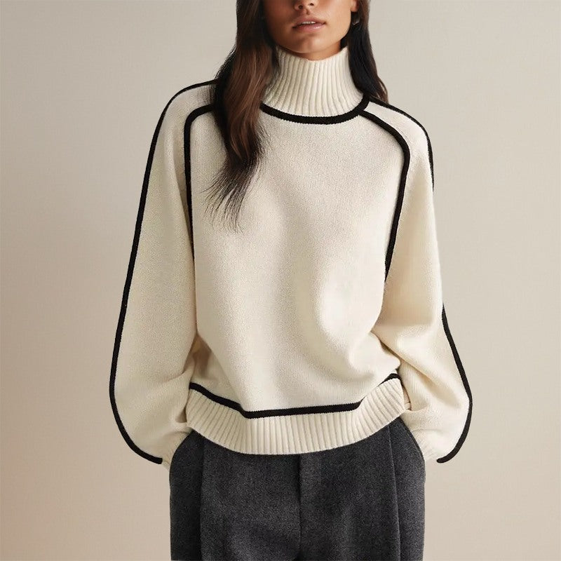 Maglione Donna a Collo Alto con Maniche Ampie e Bordi a Contrasto in bianco panna