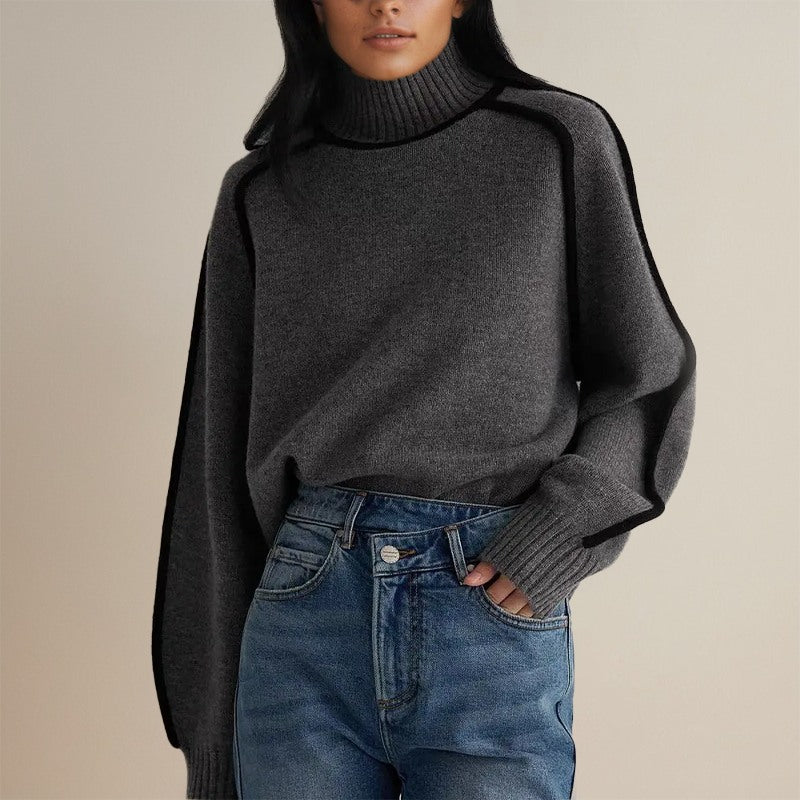 Maglione Donna a Collo Alto con Maniche Ampie e Bordi a Contrasto in grigio scuro