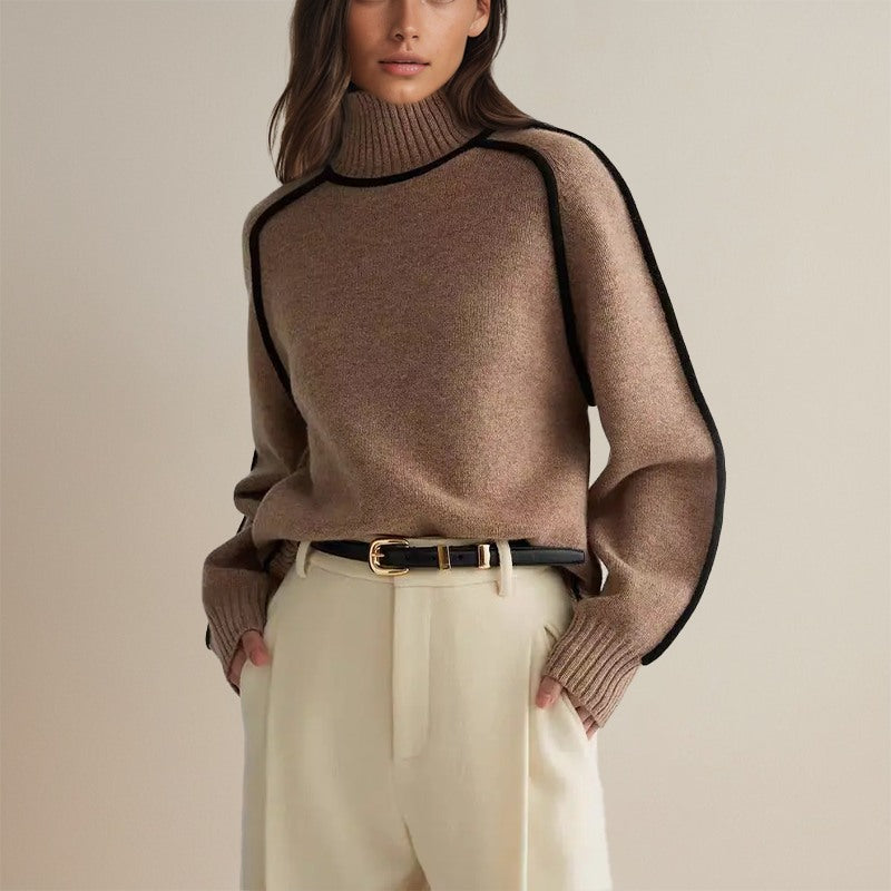 Maglione Donna a Collo Alto con Maniche Ampie e Bordi a Contrasto in marrone, indossato, vista frontale