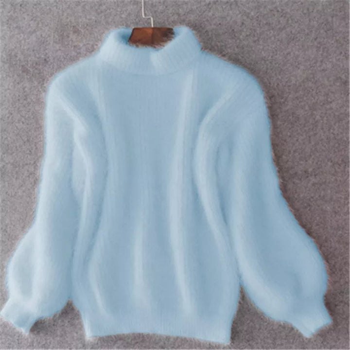 Maglione donna a collo alto con maniche a pipistrello azzurro
