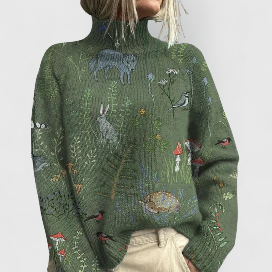 Maglione donna a collo alto con stampa bosco verde