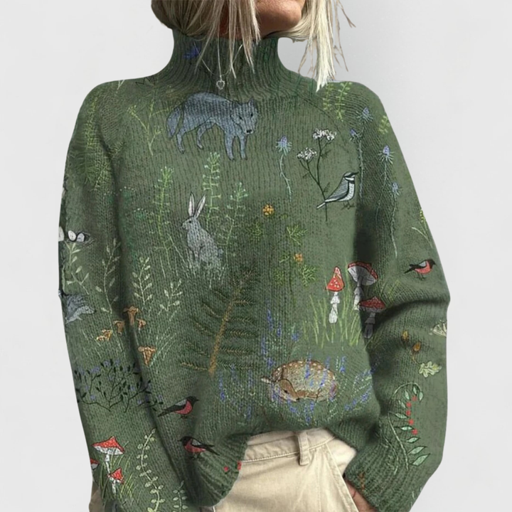 Maglione donna a collo alto con stampa bosco verde