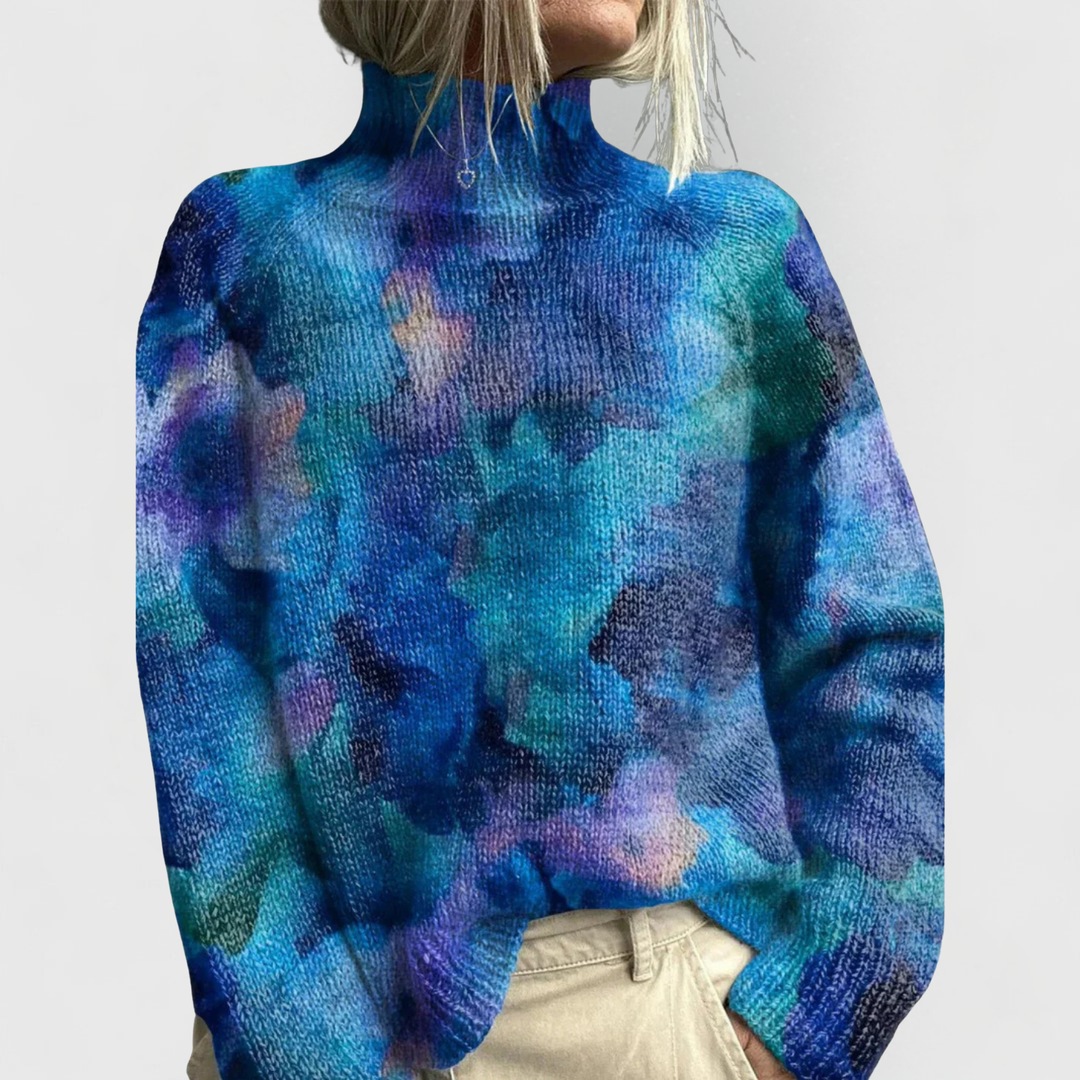 Maglione donna a collo alto con stampa bosco blu