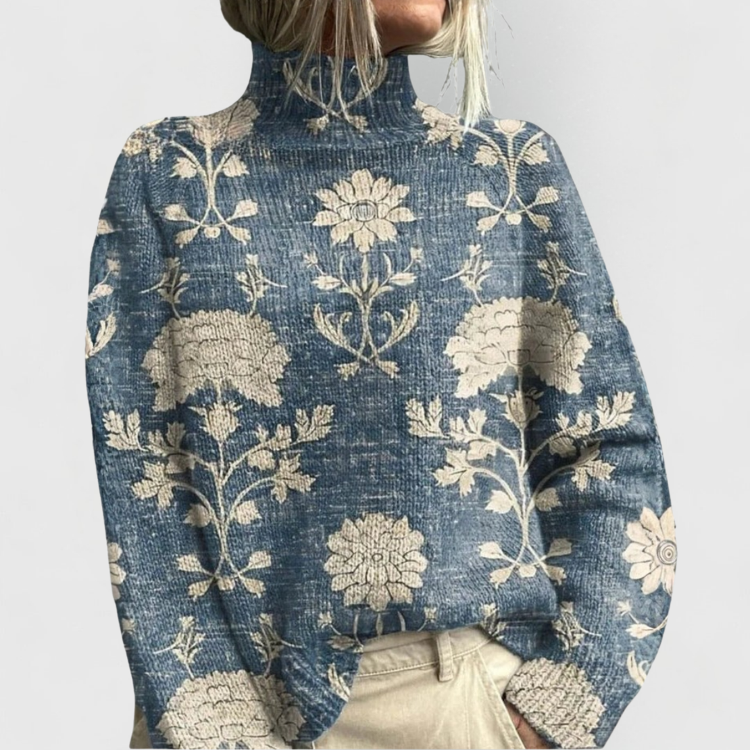Maglione donna a collo alto con stampa bosco azzurro