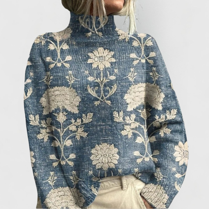 Maglione donna a collo alto con stampa bosco azzurro