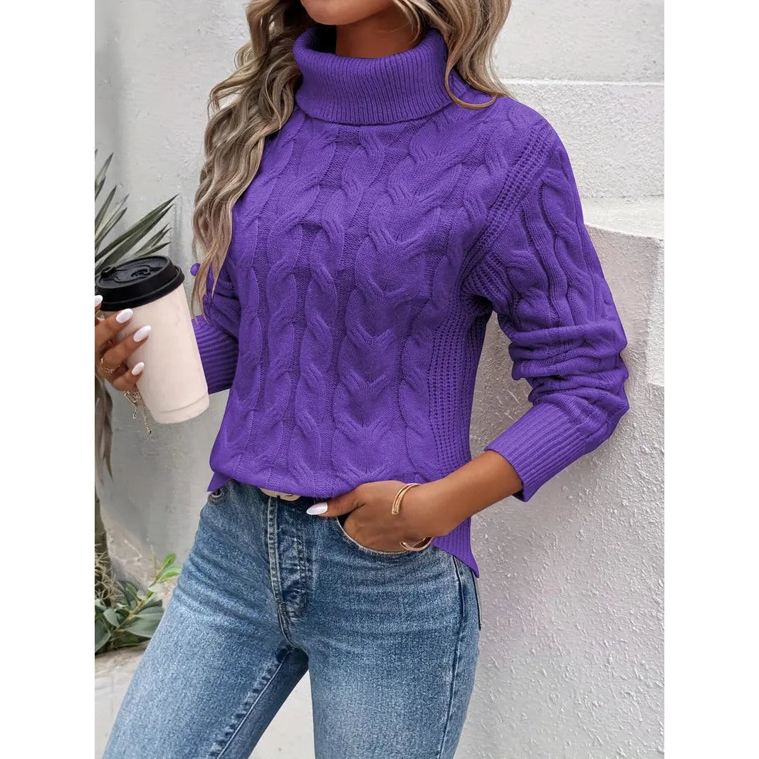 Maglione Donna a Collo Alto con Trecce in viola