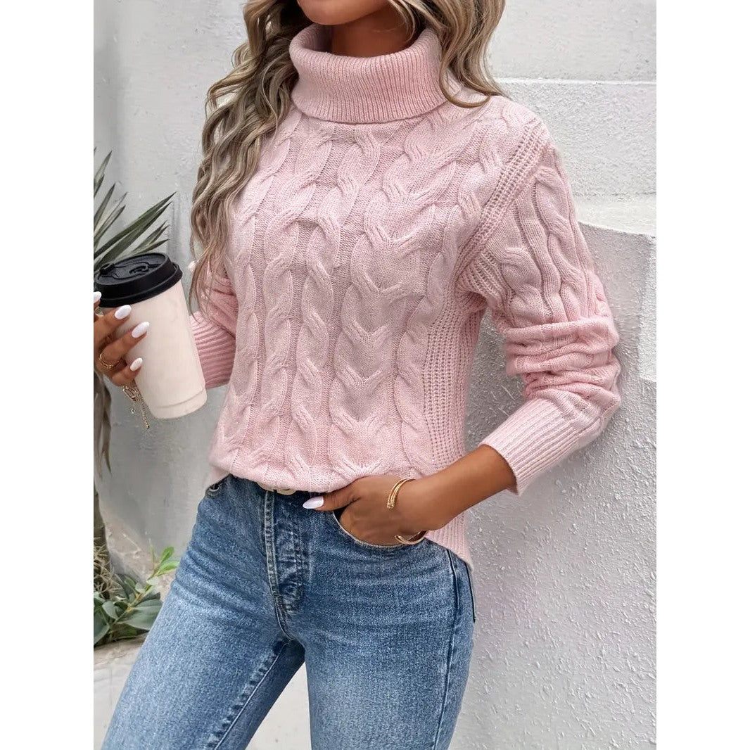 Maglione Donna a Collo Alto con Trecce in rosa