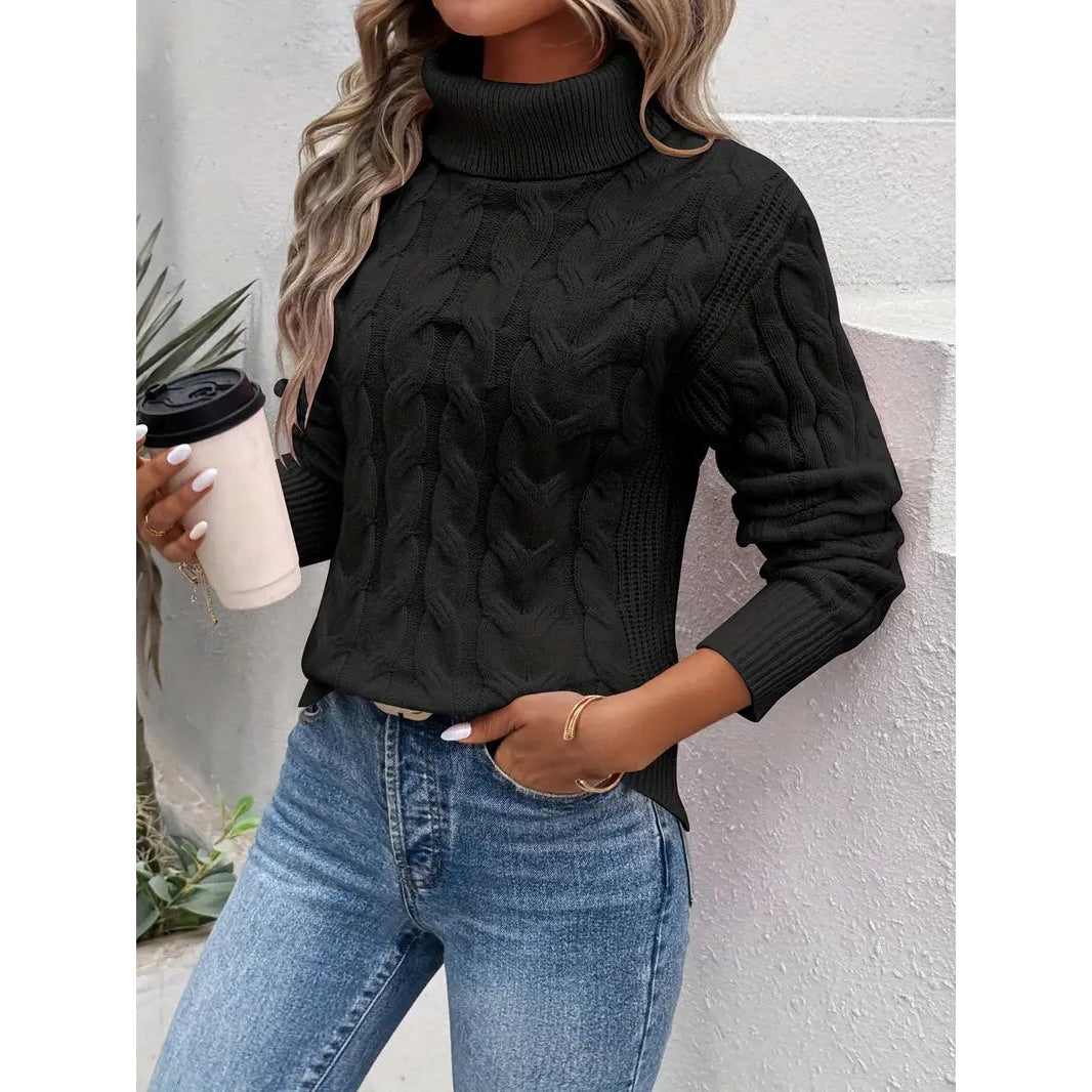 Maglione Donna a Collo Alto con Trecce in nero