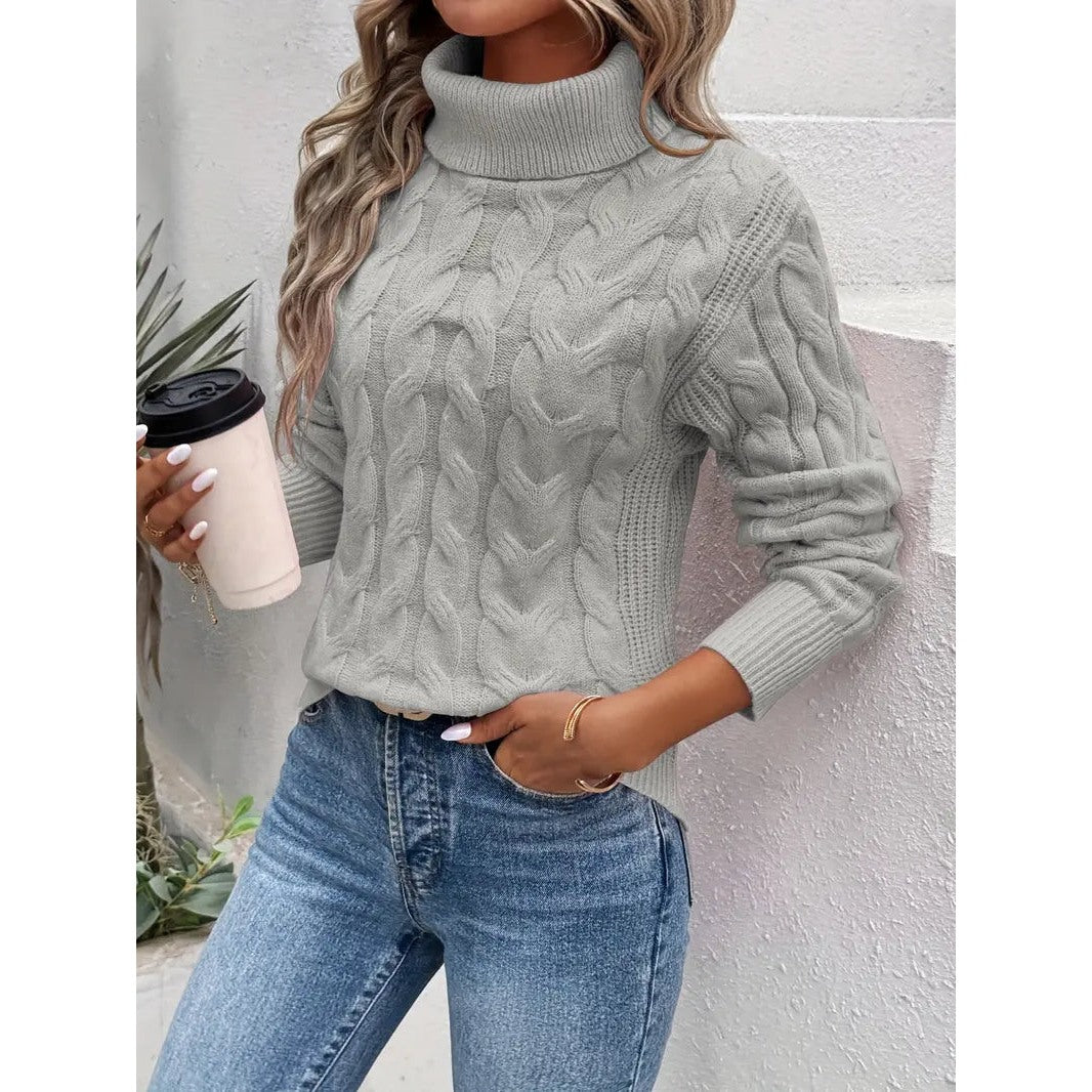 Maglione Donna a Collo Alto con Trecce in grigio