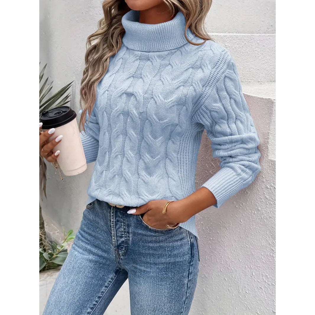 Maglione Donna a Collo Alto con Trecce in azzurro