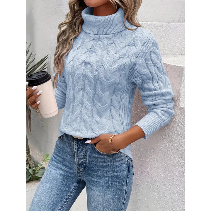 Maglione Donna a Collo Alto con Trecce in azzurro