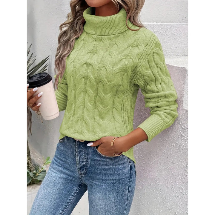 Maglione Donna a Collo Alto con Trecce in verde chiaro