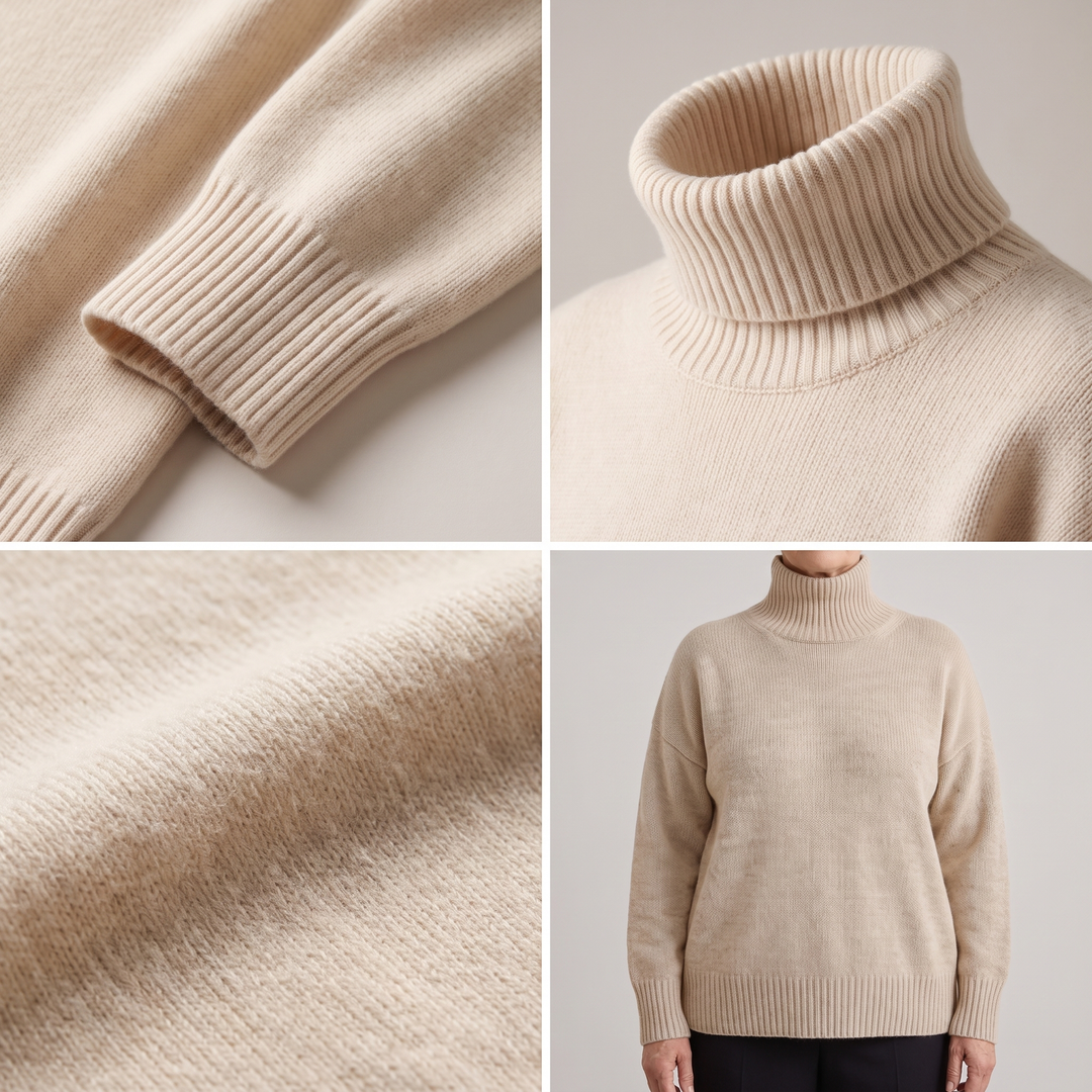 Dettagli del collo alto e dei polsini del maglione donna