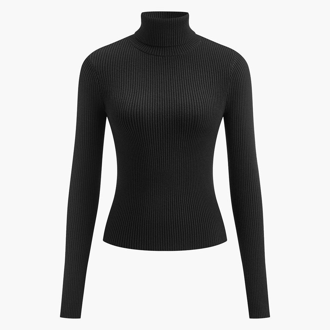 Maglione Donna a Coste con Collo Alto Aderente in nero, vista piatta