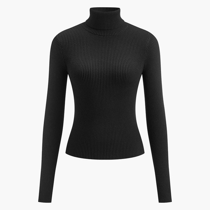 Maglione Donna a Coste con Collo Alto Aderente in nero, vista piatta