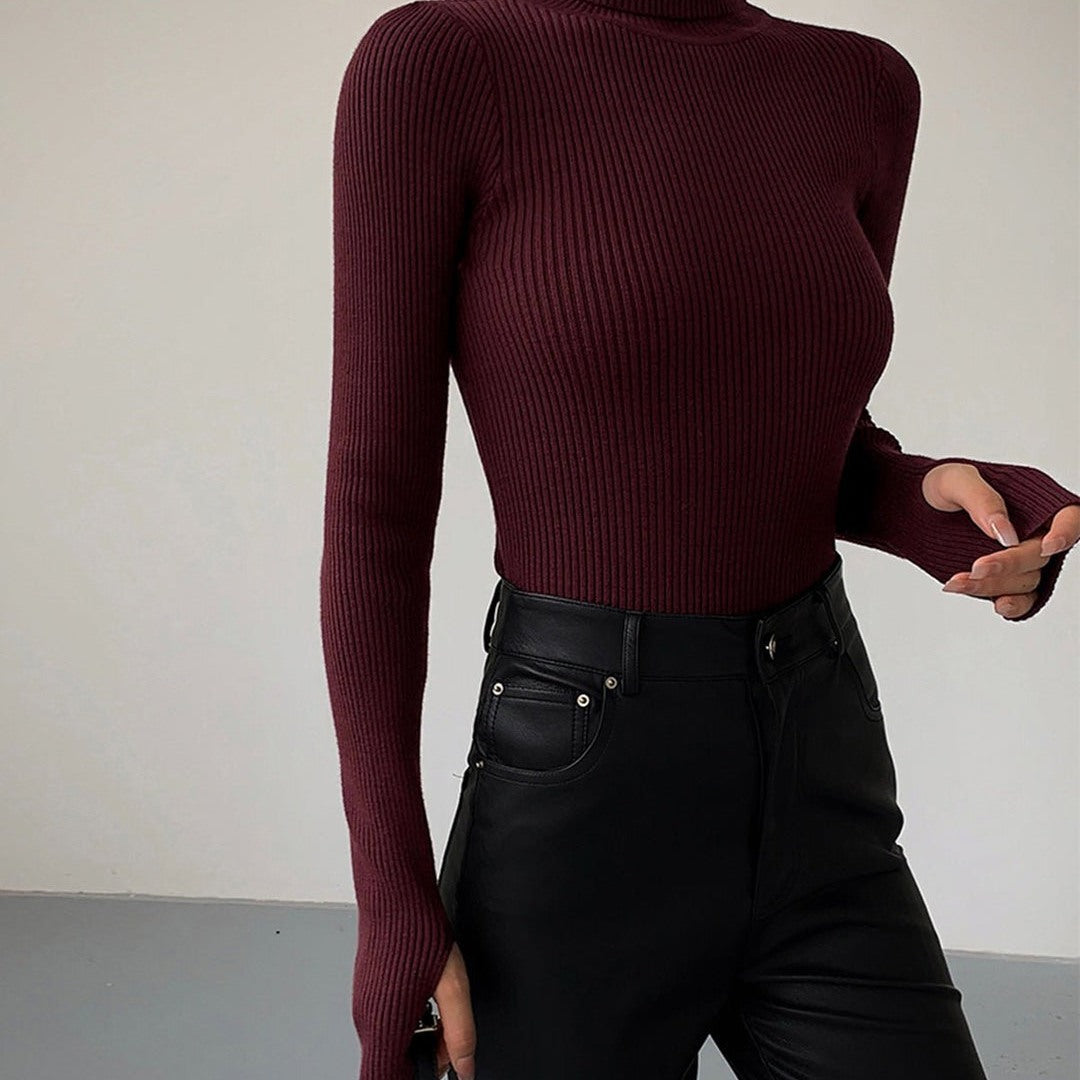 Maglione Donna a Coste con Collo Alto Aderente in bordeaux