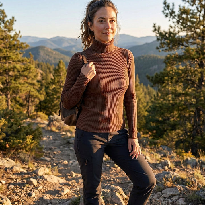 Maglione Donna a Coste con Collo Alto Aderente in marrone scuro, indossato all'aperto