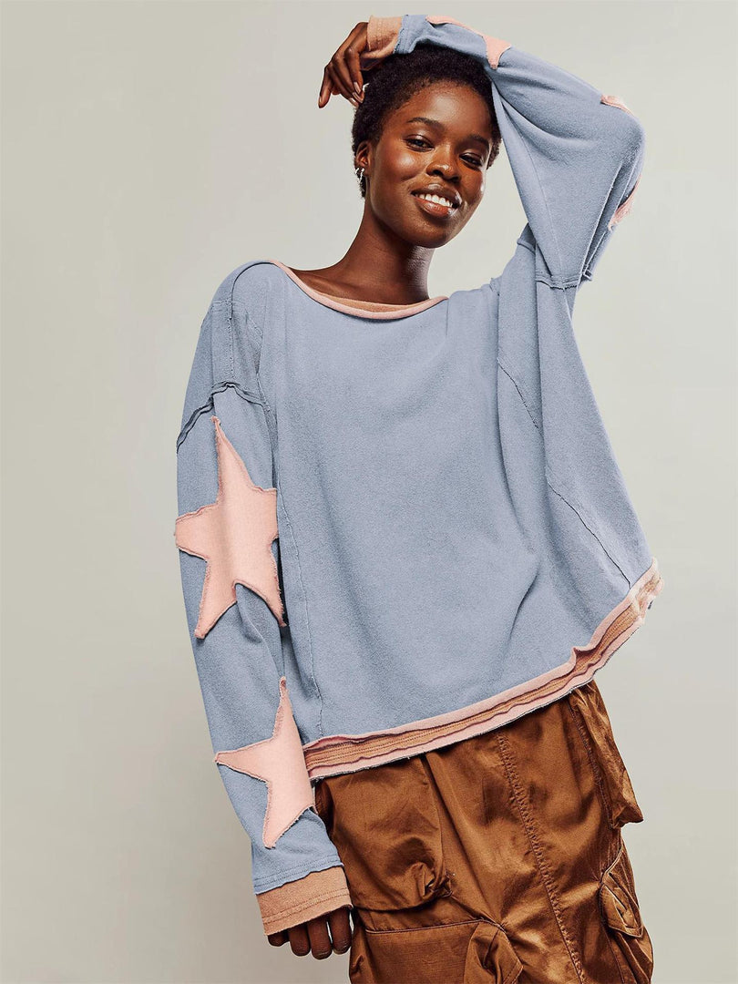 Maglione donna con toppe a stella azzurro